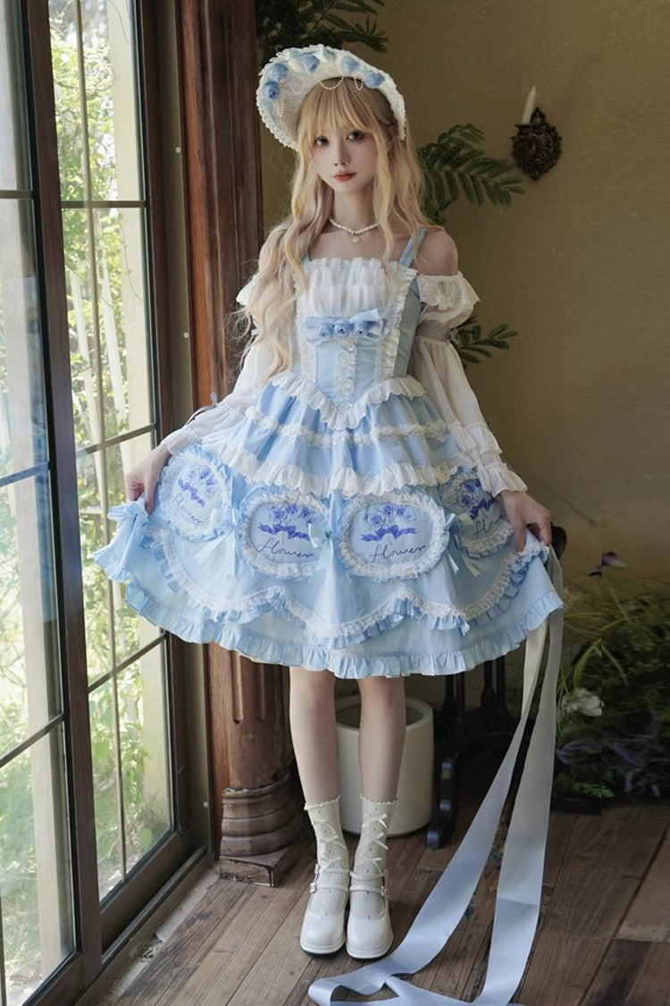 Blue [Butterfly Dream] Multi-Layered Print Ruffle Bowknot Sweet Princess Lolita Jsk Dress - Blue - 1