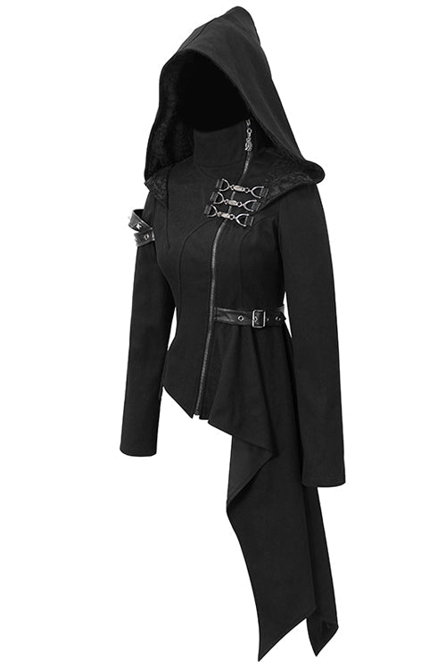 Black Hooded Asymmetrical Zipper Womens Punk Jacket - Product - 6