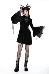 Black Women's Gothic Cross Lace Ruffled Stand Collar Long Flared Sleeves Lace-Up Velvet Dress - Product - 6