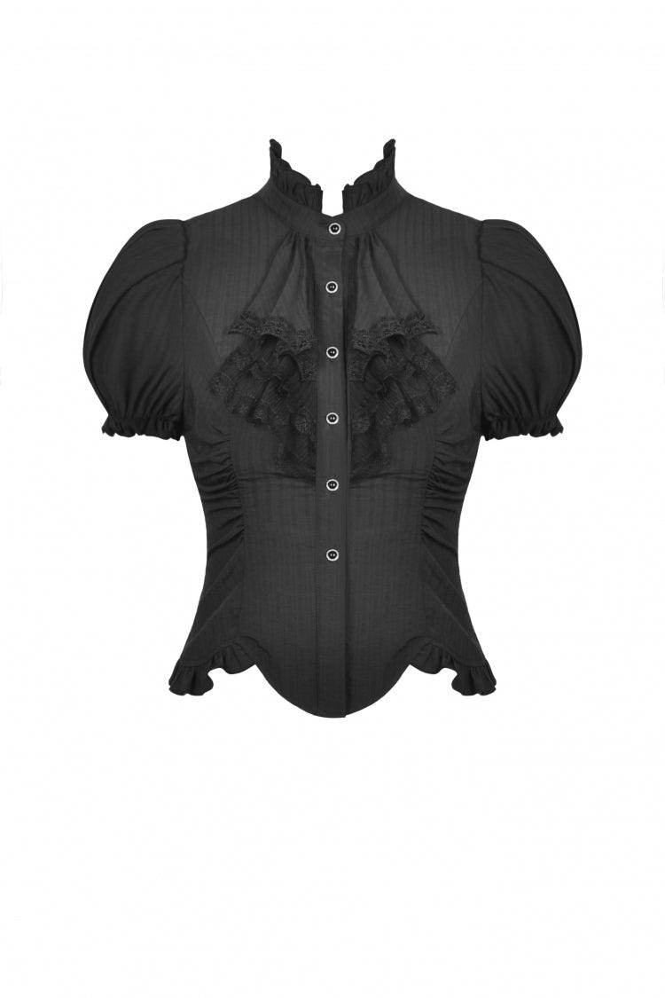 Black Ruffled Stand Collar Lace Jabot Short Puff Sleeves Front Button‑Up Lace-Up Women's Gothic Blouse - Product - 3