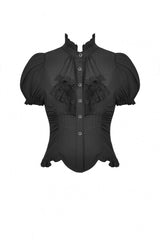 Black Ruffled Stand Collar Lace Jabot Short Puff Sleeves Front Button‑Up Lace-Up Women's Gothic Blouse - Product - 3