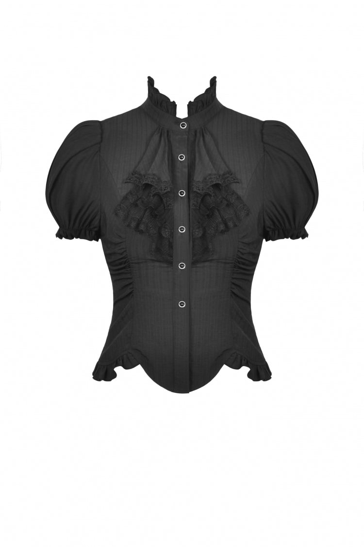 Black Ruffled Stand Collar Lace Jabot Short Puff Sleeves Front Button‑Up Lace-Up Women's Gothic Blouse - Product - 3