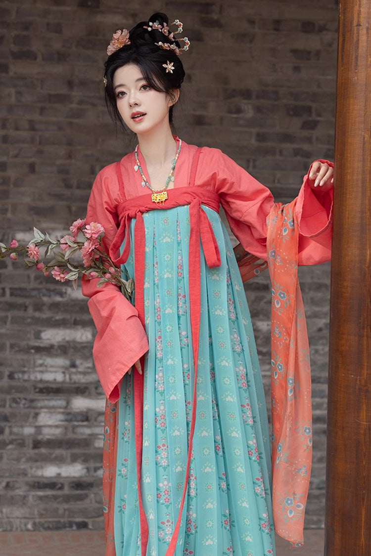 Green [Peach Blossoms and Spring] Long Sleeves Print Embroidery Classic Hanfu Dress - Product - 7