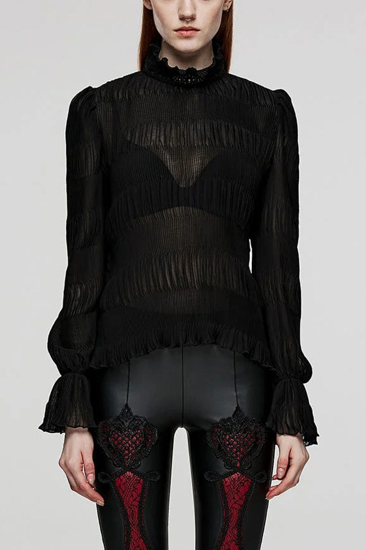 Black Long Puff Sleeves Lace Womens Gothic Blouse - Black - 1