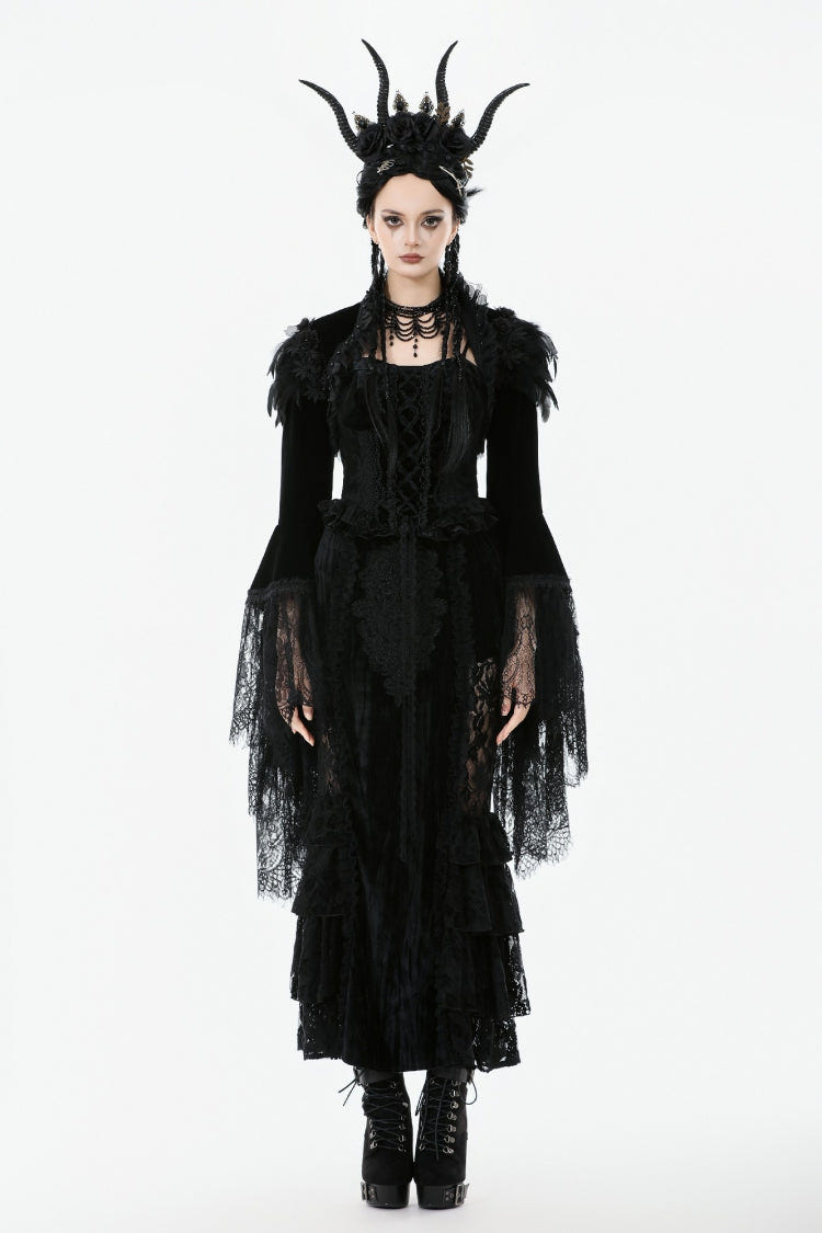 Black Lace Spliced Velvet Long Flared Sleeves Floral Feather Women's Gothic Cape - Product - 5