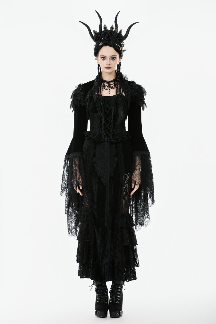 Black Lace Spliced Velvet Long Flared Sleeves Floral Feather Women's Gothic Cape - Product - 5