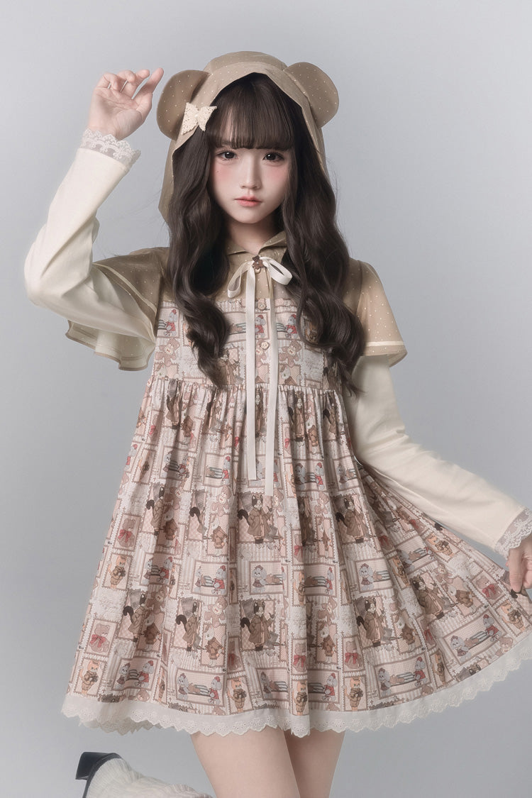 Brown [Bear Stamp] Long Sleeves Printed Hooded Sweet Lolita Dress - Product - 3