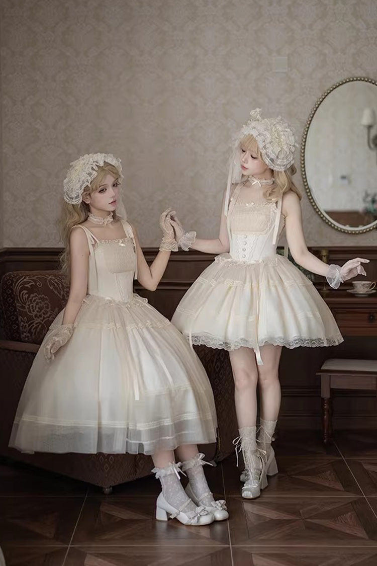 Ivory [Letters and Poems · Confession Poem] Square Collar Sleeveless Ruffled Bow Lace Fishbone Sweet Lolita Jsk Dress 2 Versions - Product - 2