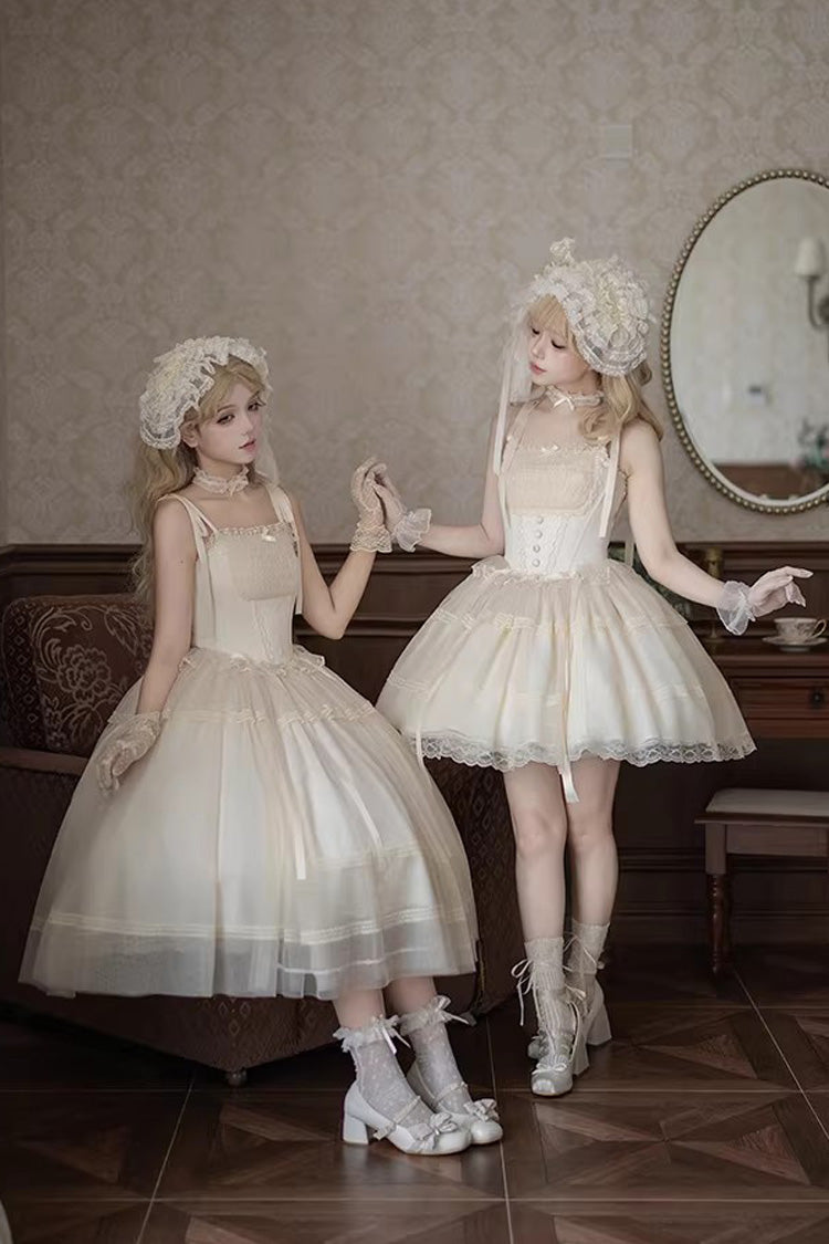 Ivory [Letters and Poems · Confession Poem] Square Collar Sleeveless Ruffled Bow Lace Fishbone Sweet Lolita Jsk Dress 2 Versions - Product - 2