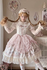 Apricot Sleeveless Rose Prologue Print Ruffle Bowknot Sweet Elegant Princess Lolita Jsk Dress - Product - 4