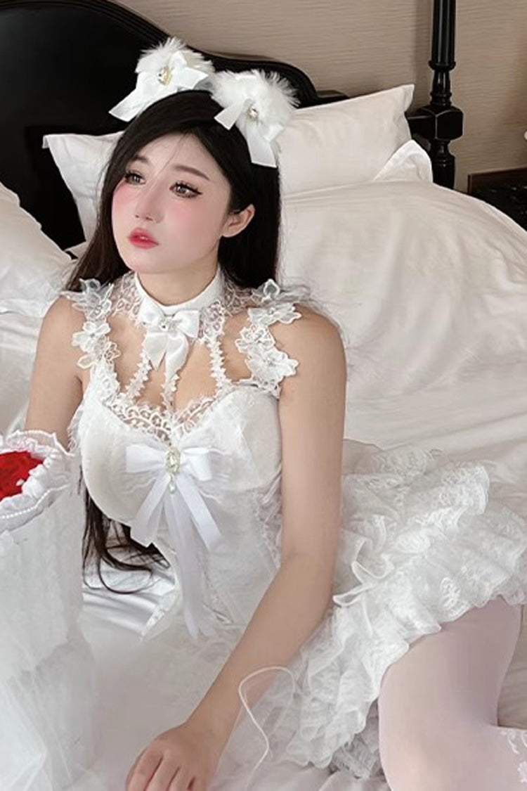 White Multi-layer Ruffle Hanayome Bowknot Lace Sweet Mini Lolita Skirt Dress - Product - 4