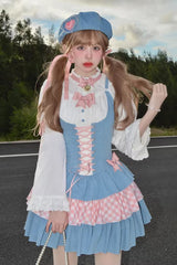 Blue/Pink [Rock Ballet] Printed Triple-Layered Ruffled Bow Lace-Up Sweet Lolita Jsk Dress - Blue/Pink - 1