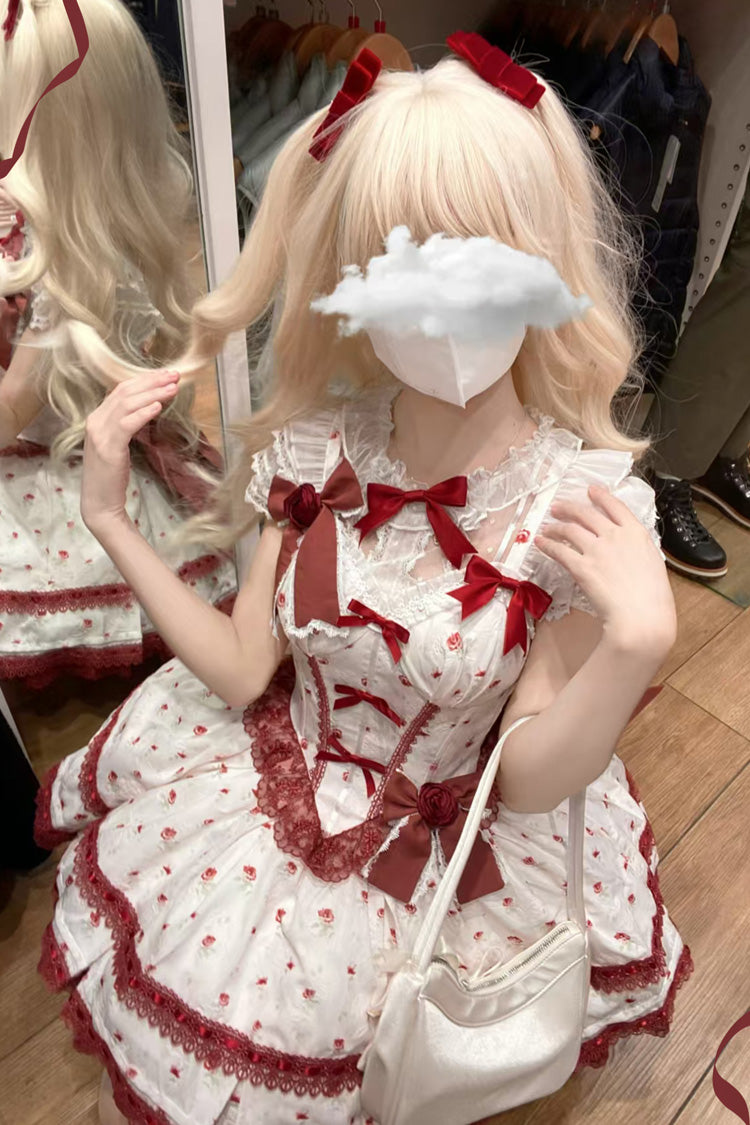 Wine Red [First Love Rose] Multi-Layered Print Ruffle Bowknot Lace Sweet Lolita Jsk Dress Set - Product - 5