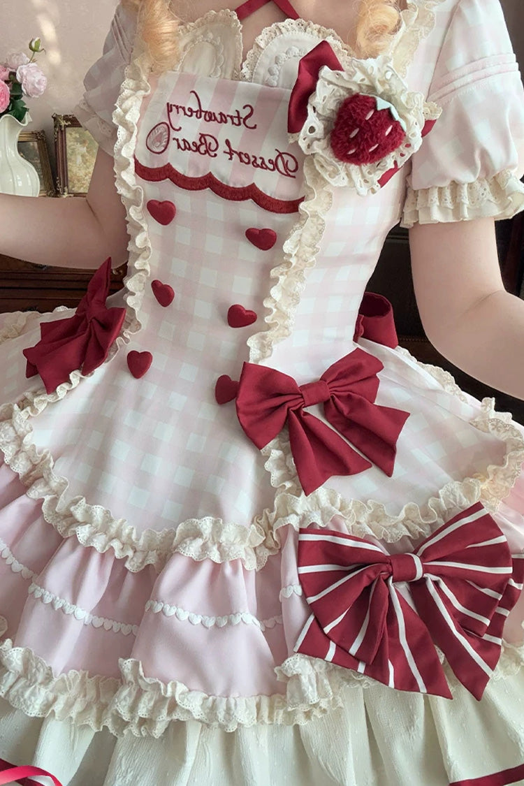 Pink [Sweetheart Strawberry Bunny] Square Collar Short Sleeves Triple-Layered Printed Ruffled Bow Sweet Lolita Dress - Product - 5