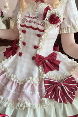 Pink [Sweetheart Strawberry Bunny] Square Collar Short Sleeves Triple-Layered Printed Ruffled Bow Sweet Lolita Dress - Product - 5