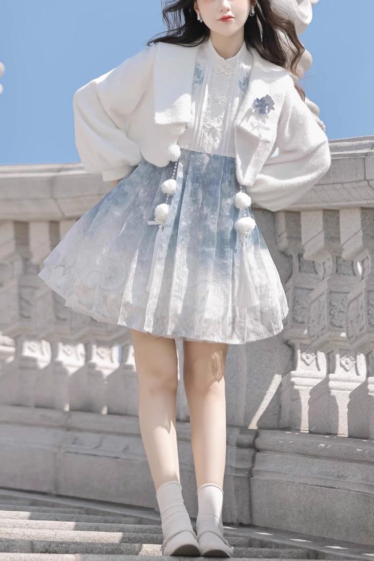 White/Blue Long Sleeves Print Ruffle Chinese Style Princess Sweet Lolita Jsk Dress Set - White/Blue - 1