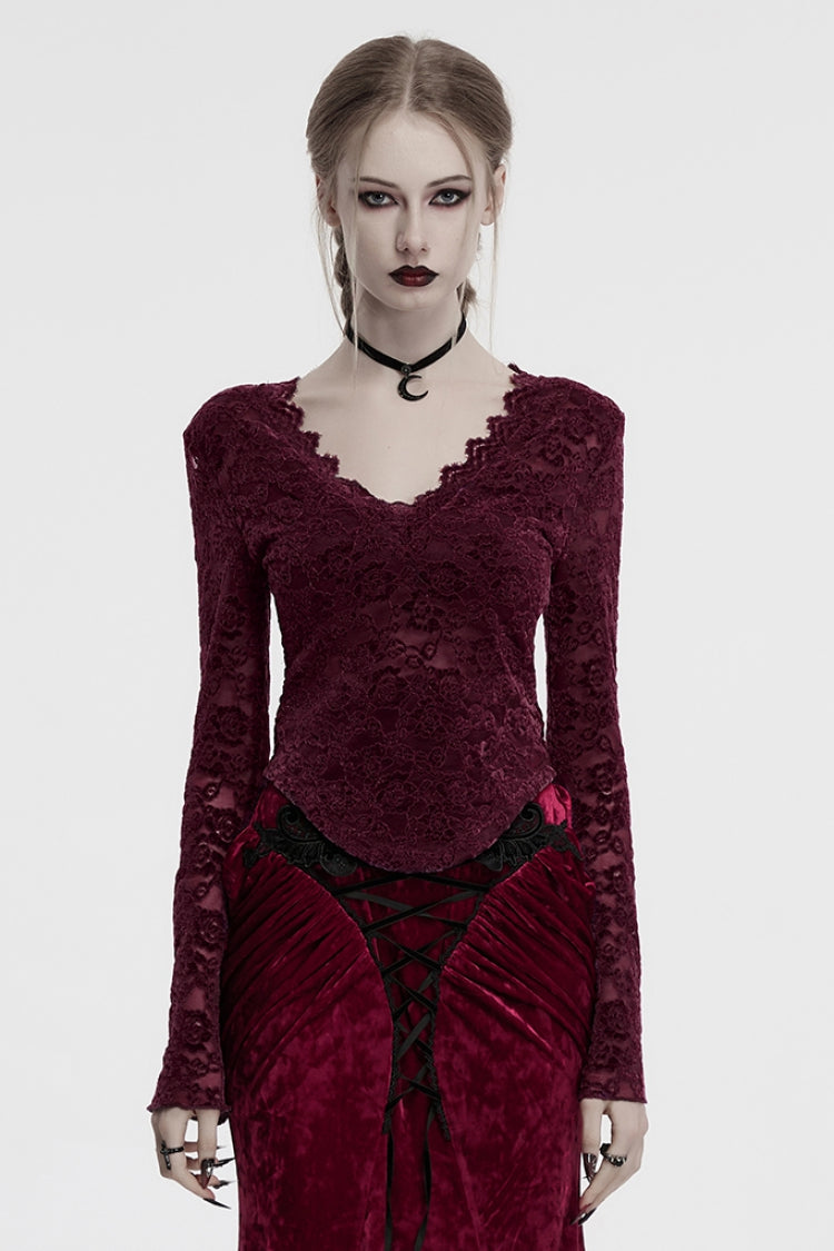 Red V Collar Long Sleeves Lace Sheer Women's Gothic Blouse - Red - 1