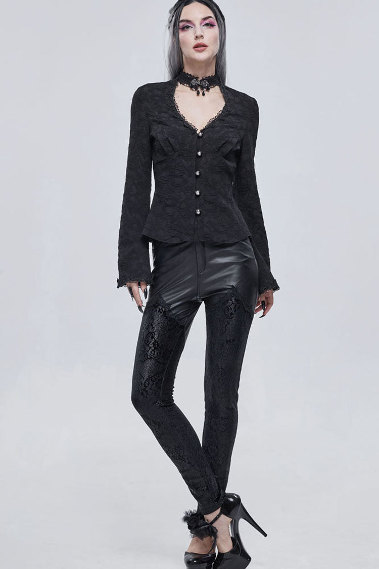 Black Gothic V-Neck Metal Buttons Pendant Lace Jacquard Frenulum Long Sleeves Women's Shirt - Product - 7
