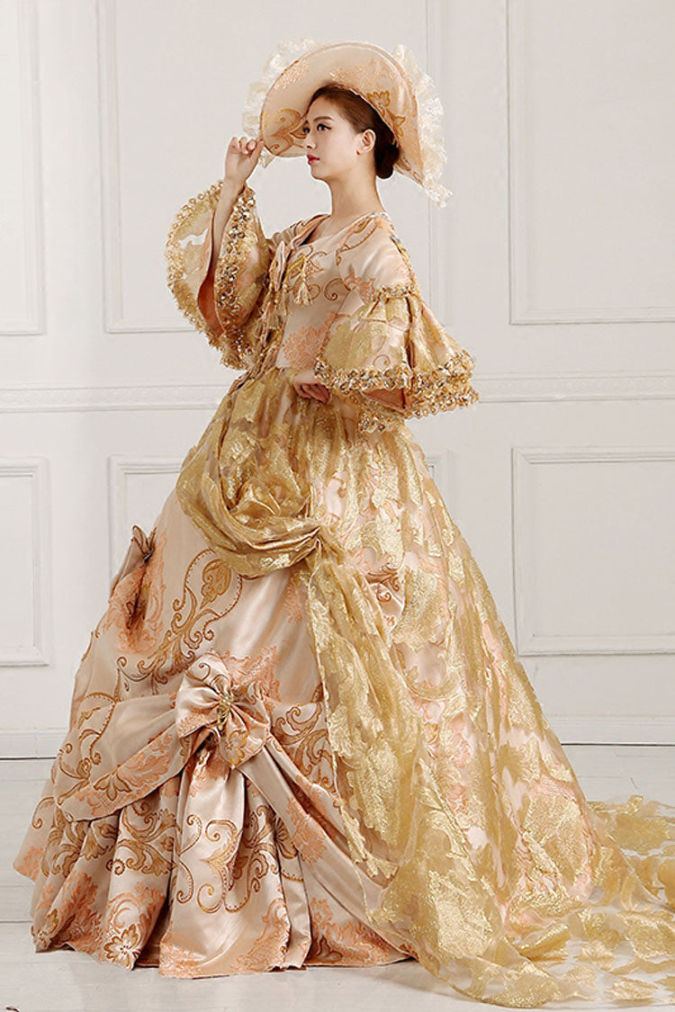 Beige/Golden Trumpet Sleeves High Waisted Embroidery Print Bowknot Multi-Layer Victorian Lolita Prom Dress - Product - 3