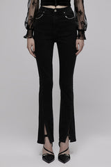 Black Denim Chain Decorated Tight Waist Slit Micro Punk Flared Women's Pants - Black - 1