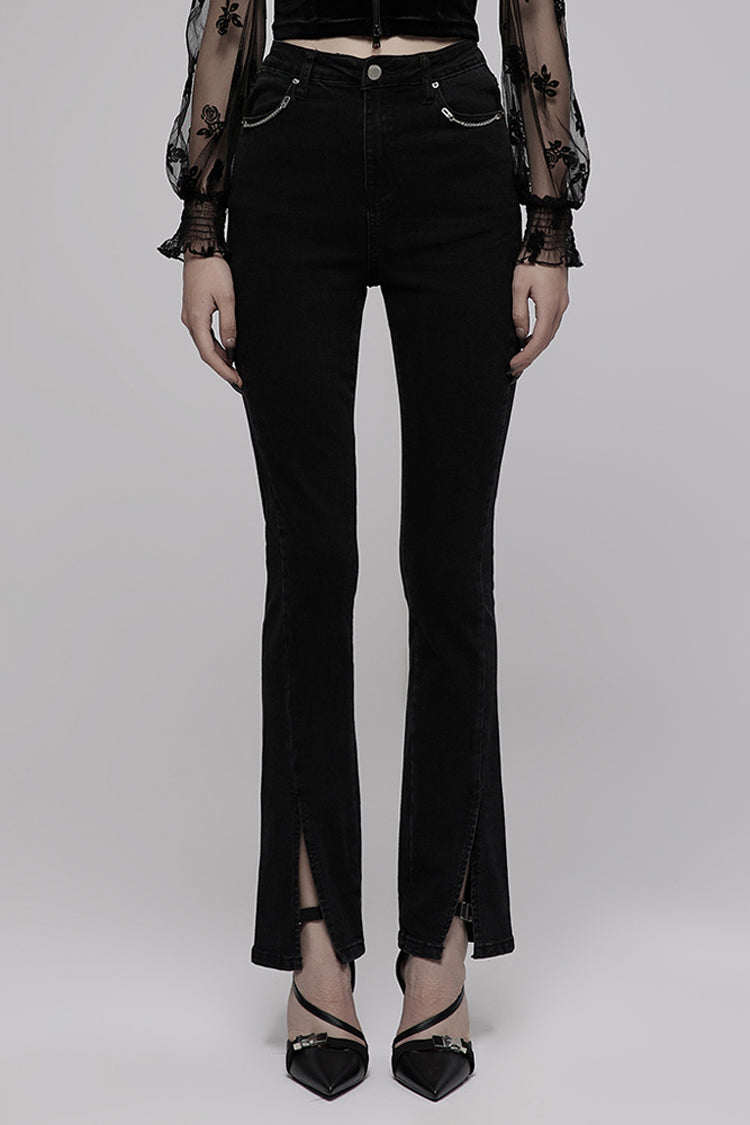 Black Denim Chain Decorated Tight Waist Slit Micro Punk Flared Women's Pants - Black - 1