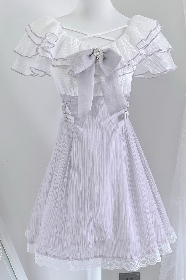 Purple Short Sleeves Ruffle Bowknot Lace Jirai Kei Japanese Dress - Purple - 1