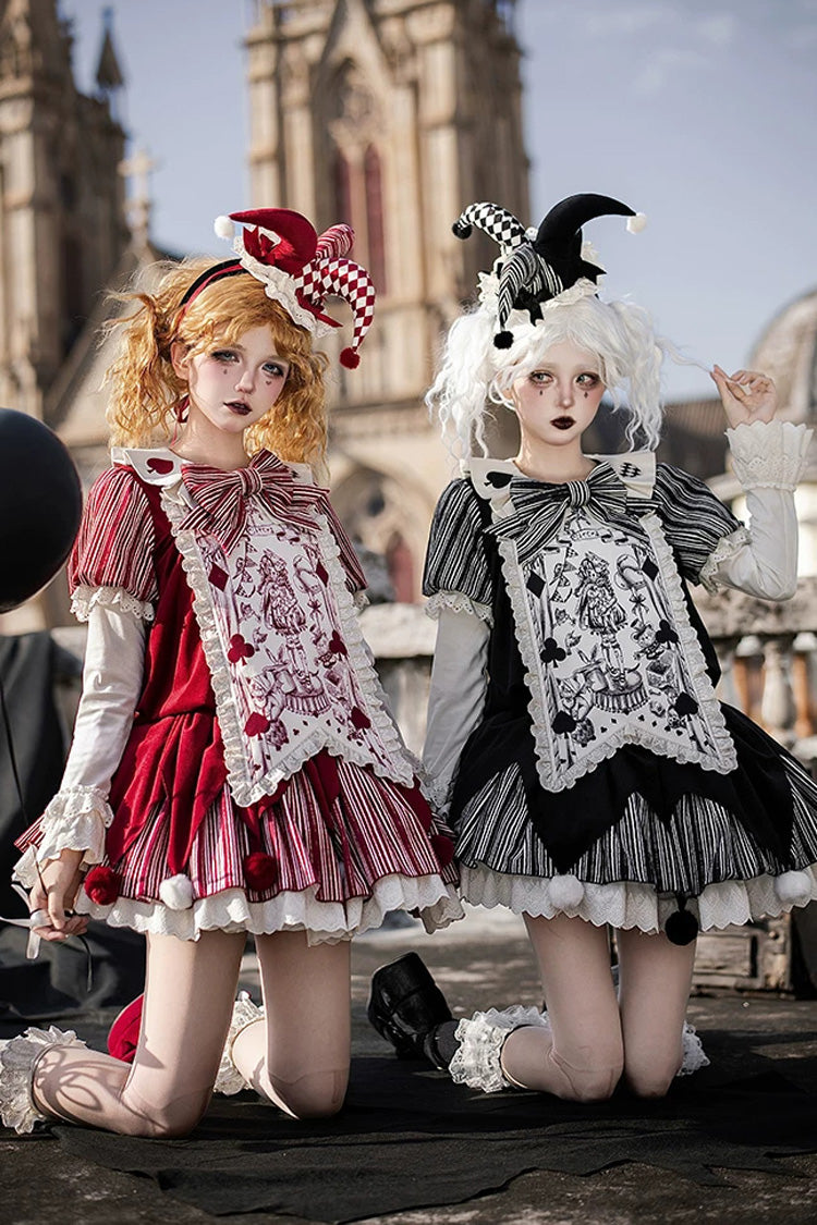 Red [Letters and Poems · Doll Mask] Poker Clown Long Sleeves Ruffled Bow Gothic Lolita Dress Set - Product - 6