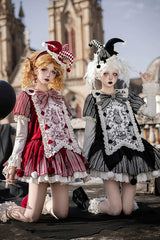 Red [Letters and Poems · Doll Mask] Poker Clown Long Sleeves Ruffled Bow Gothic Lolita Dress Set - Product - 6