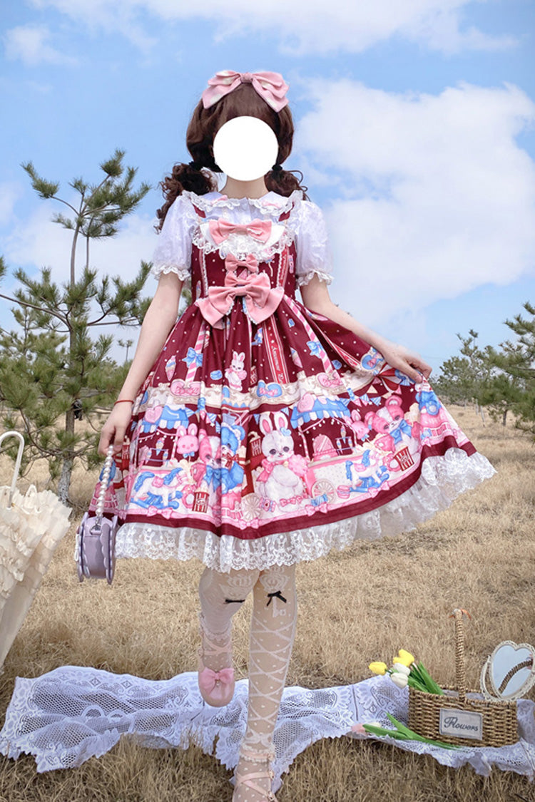 Wine Red Doll Playground Print Ruffle Bowknot Sweet Lolita Jsk Dress - Product - 3
