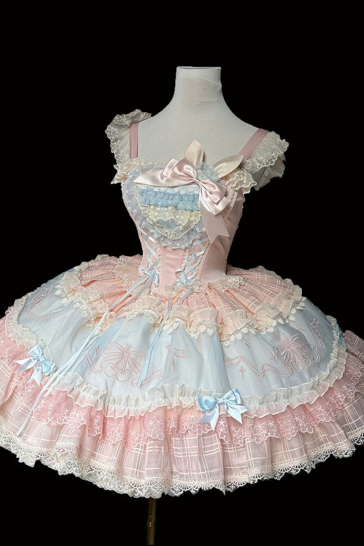 Blue/Pink [Sweetheart Bunny] Square Collar Flutter Sleeves Multi-Layered Jacquard Ruffled Embroidered Bow Lace Sweet Lolita Jsk Dress - Product - 8