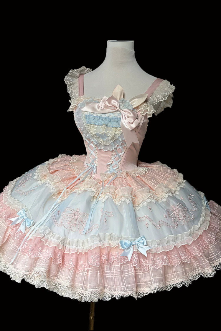 Blue/Pink [Sweetheart Bunny] Square Collar Flutter Sleeves Multi-Layered Jacquard Ruffled Embroidered Bow Lace Sweet Lolita Jsk Dress - Product - 8