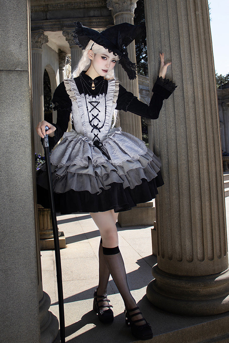 Black/Grey Witch Long Sleeves Gradient Multi-Layered Ruffle Bowknot Lace Gothic Chinese Style Lolita Dress - Product - 2