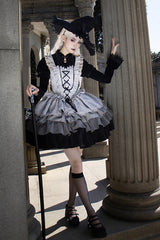 Black/Grey Witch Long Sleeves Gradient Multi-Layered Ruffle Bowknot Lace Gothic Chinese Style Lolita Dress - Product - 2