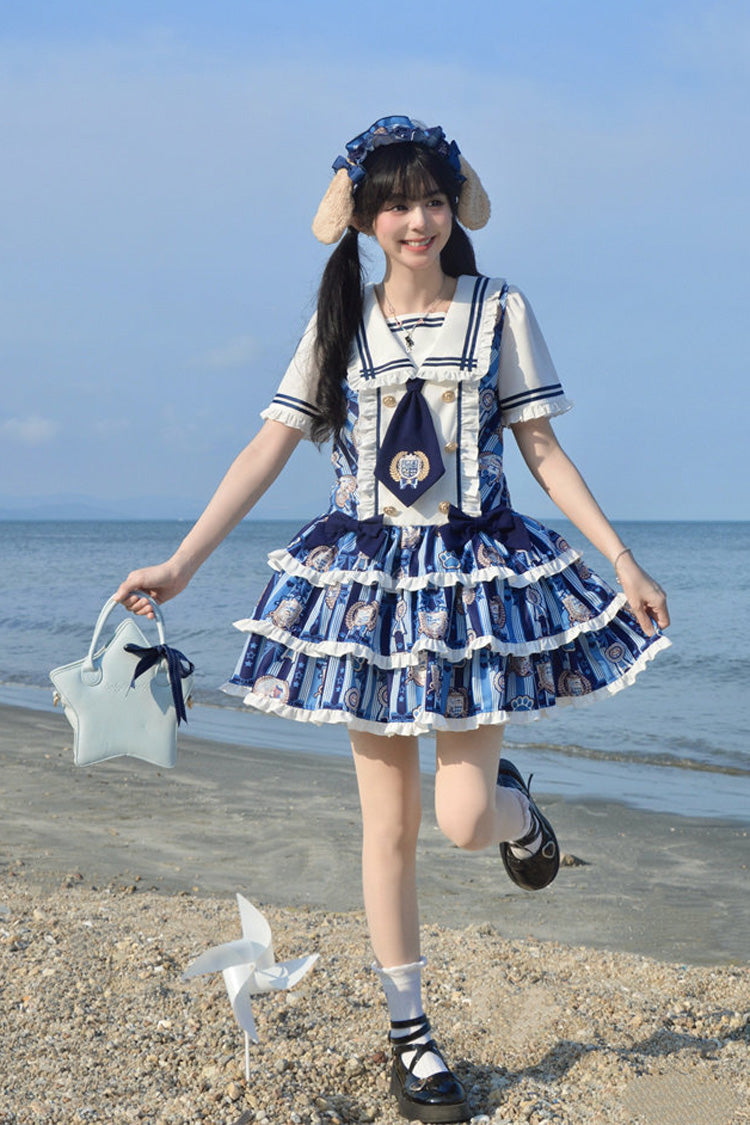 Blue [Glory of the Dog] Navy Collar Short Sleeves Low Waisted Triple-Layered Printed Ruffled Bow Sweet Lolita Dress - Product - 5