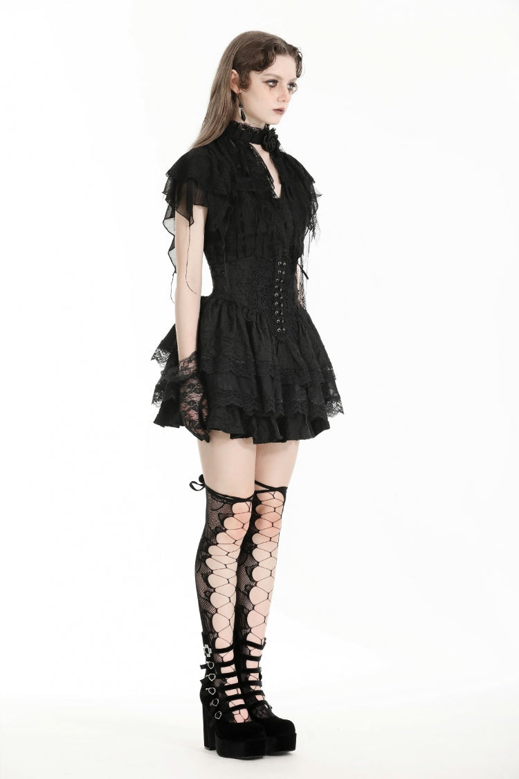 Black Stand Collar Ruffled Short Sleeves Lace Spliced Women's Gothic Blouse - Product - 2