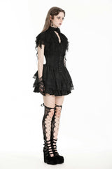 Black Stand Collar Ruffled Short Sleeves Lace Spliced Women's Gothic Blouse - Product - 2