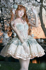 Green Waltz Multi-layer Print Ruffle Bowknot Sweet Chinese Style Elegant Lolita Jsk Dress - Green - 1
