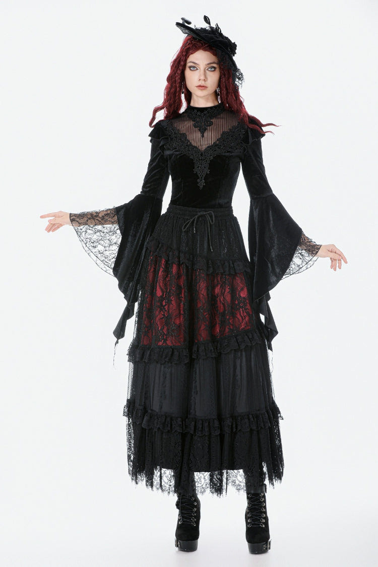 Black Multi-Layered Long Flare Sleeves Embroidered Sheer Mesh Splice Velvet Women's Gothic Top - Product - 11