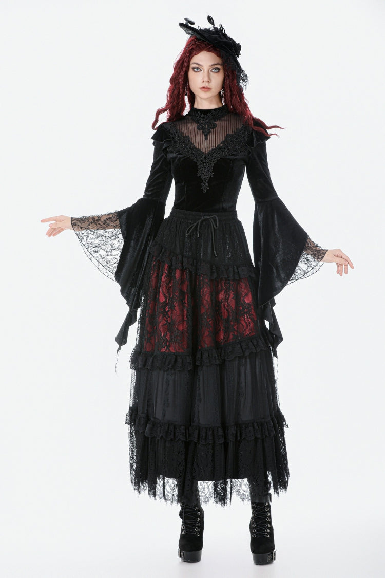 Black Multi-Layered Long Flare Sleeves Embroidered Sheer Mesh Splice Velvet Women's Gothic Top - Product - 11
