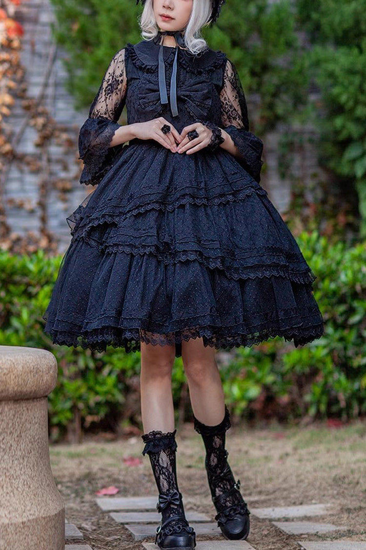 Black Solid Color Tower of Dawn Bowknot Sleeveless Ruffle Gothic Lolita Dress - Black - 1
