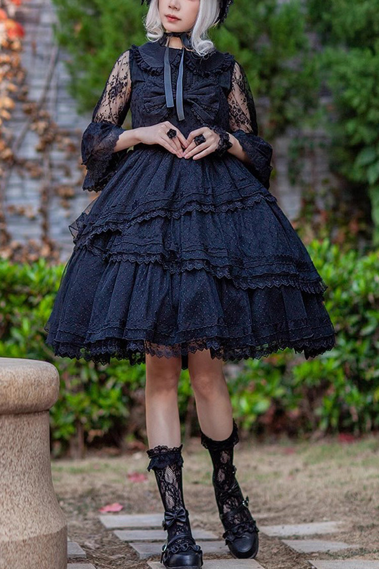 Black Solid Color Tower of Dawn Bowknot Sleeveless Ruffle Gothic Lolita Dress - Black - 1