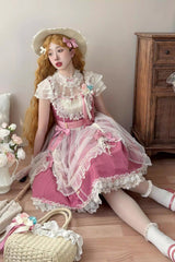 Rose Red [Sakura’s Spring Resonance] Sleeveless Ruffled Bow Sweet Lolita Jsk Dress (Short Version) - Product - 2