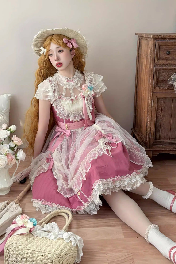 Rose Red [Sakura’s Spring Resonance] Sleeveless Ruffled Bow Sweet Lolita Jsk Dress (Short Version) - Product - 2