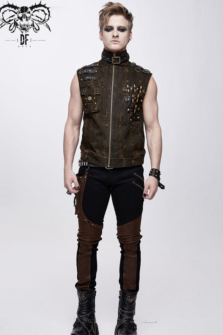 Brown Asymmetrical Bullet Belt 3D Pocket Leather Loop Rivet Back Lace Up Men's Punk Waistcoat - Product - 3