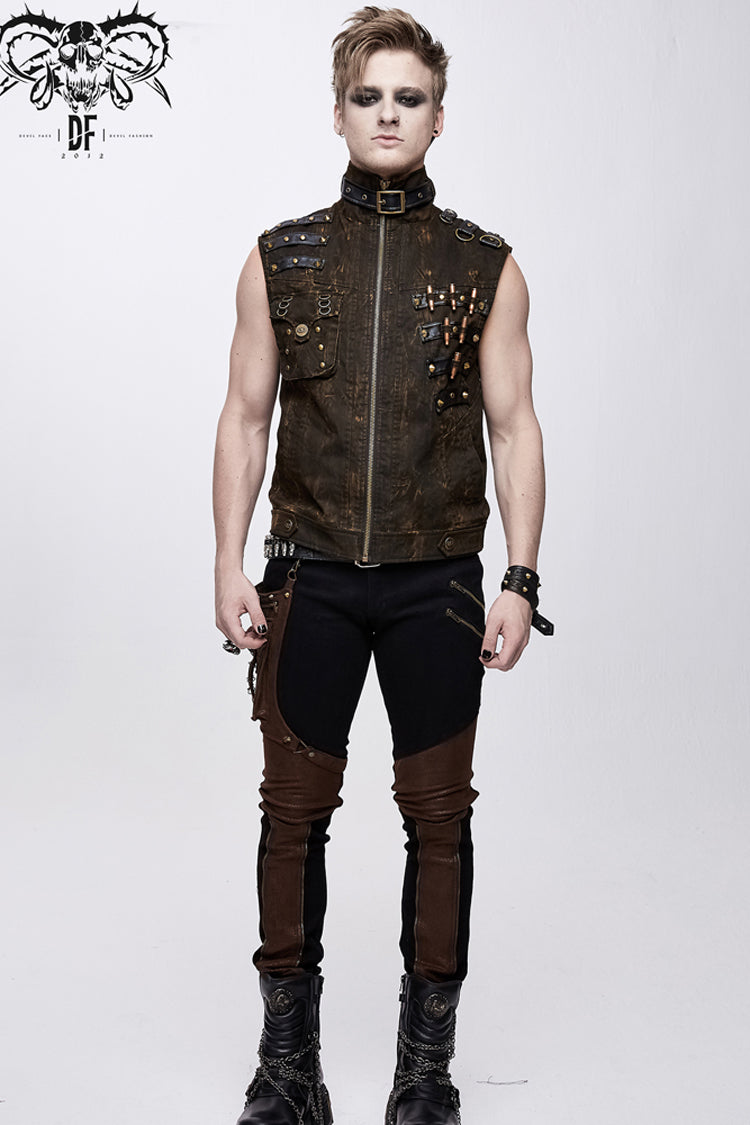 Brown Asymmetrical Bullet Belt 3D Pocket Leather Loop Rivet Back Lace Up Men's Punk Waistcoat - Product - 3