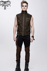Brown Asymmetrical Bullet Belt 3D Pocket Leather Loop Rivet Back Lace Up Men's Punk Waistcoat - Product - 3
