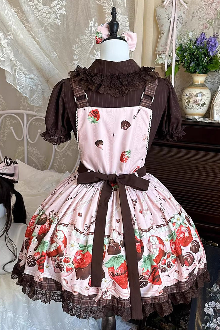 Pink [Strawberry Chocolate Lover] Sleeveless Printed Ruffled Embroidered Bow Lace Sweet Lolita Strap Dress - Product - 4