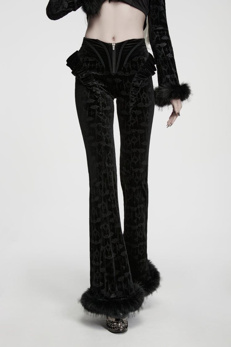 Black Jacquard Ruffled Slim Fit Women's Gothic Flare Pants - Product - 1