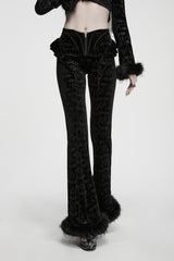 Black Jacquard Ruffled Slim Fit Women's Gothic Flare Pants - Product - 1