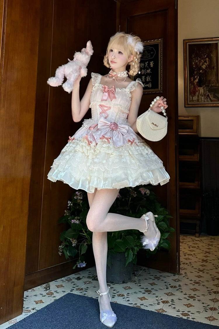 Pink [Rose Canticle] Sleeveless Multi-Layered Bowknot Lace Lace-Up Pearl Ballet Sweet Lolita Jsk Dress - Product - 7
